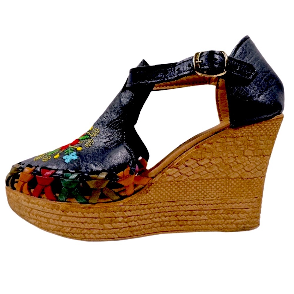 Handmade Mexican Embroidered Leather Platform Wedge Sandals Boho Festival Beach